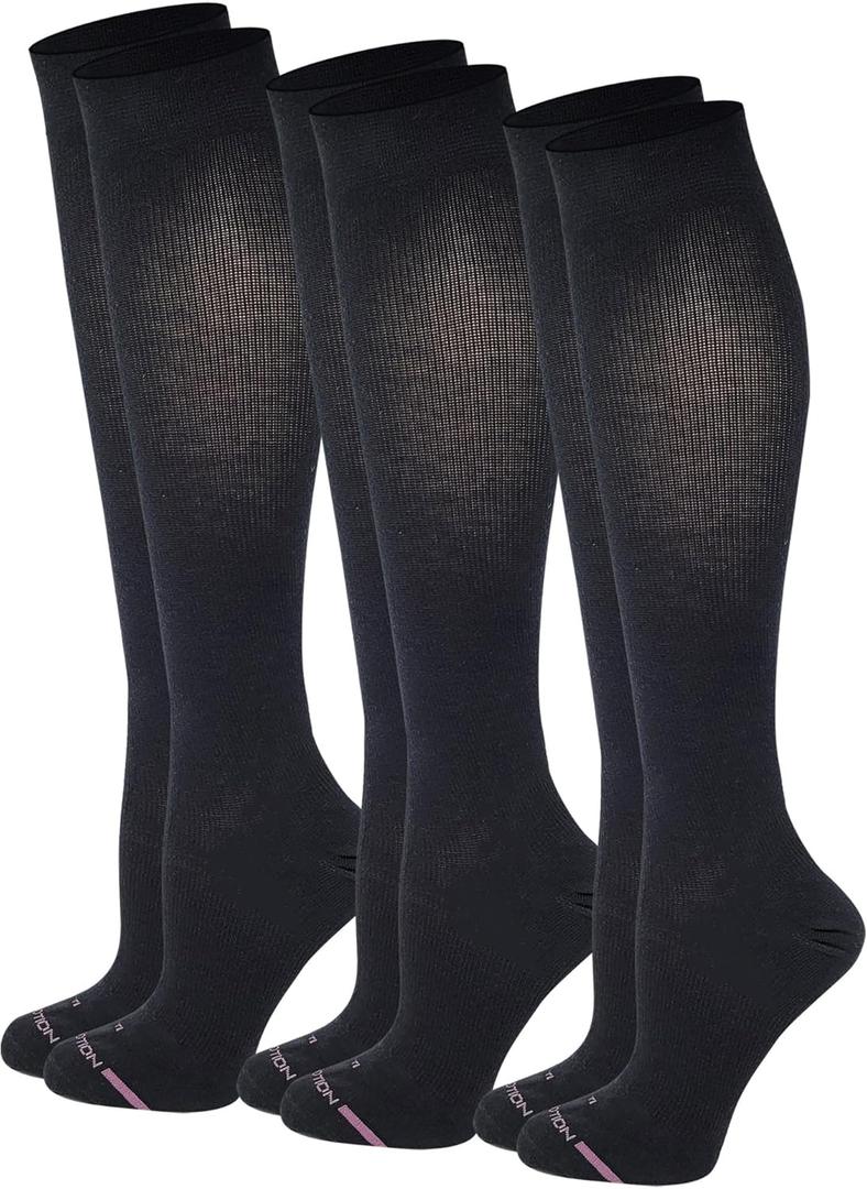 Dr. Motion Women's Compression Knee High Socks, 15-20 mmHg, 3 Pairs (9-11, Black)