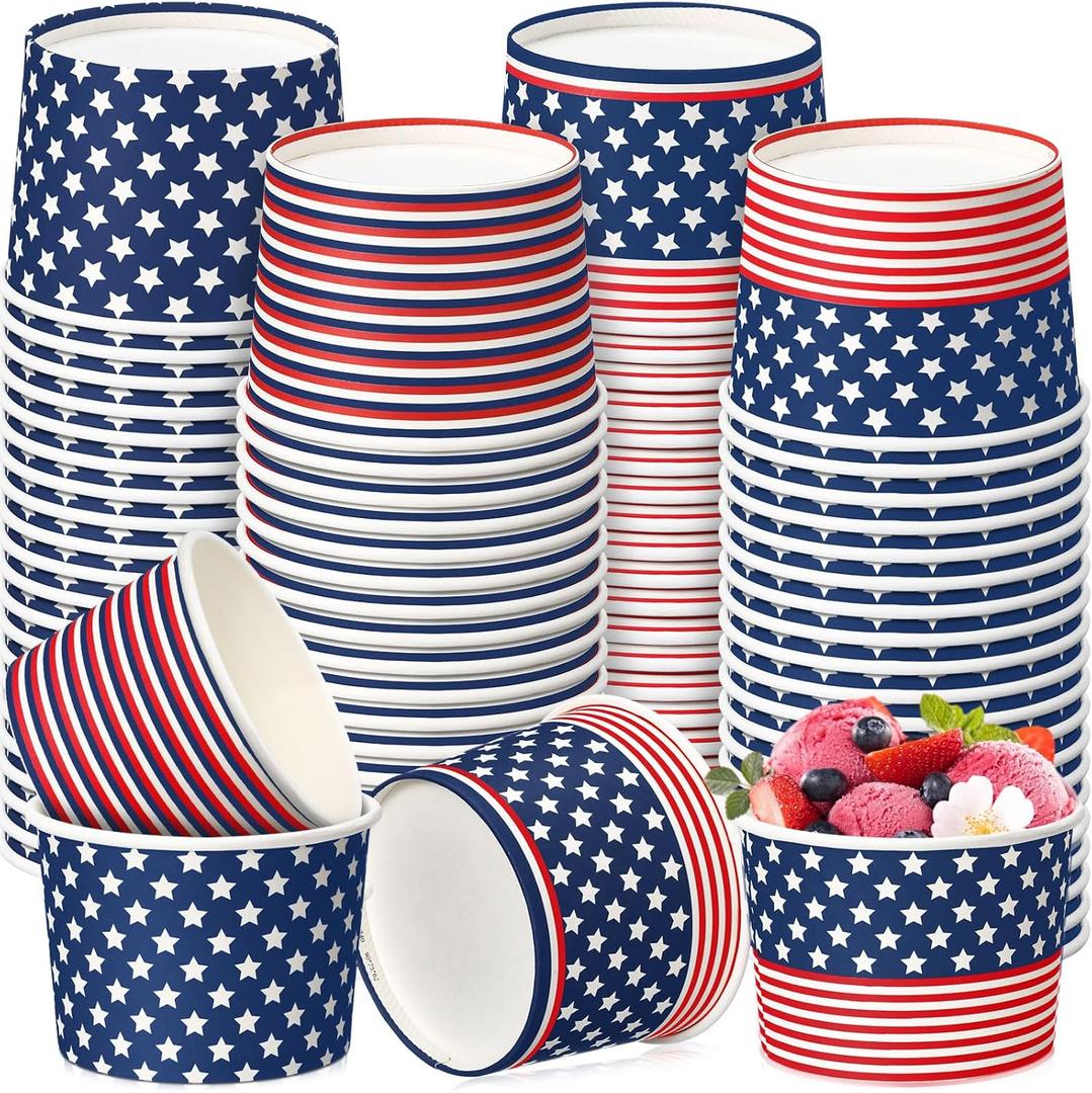 Hsei 120 Pack American Flag Ice Cream Cups 9 oz 4th of July Paper Treat Snack Cup Patriotic Disposable Soup Bowls for Patriotic Party Veterans Day Election Independence Day Decorations