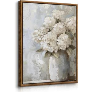 QWETTY666 Framed White Hydrangea Bathroom Wall Art Farmhouse Vintage Floral Canvas Paintings Prints Flowers Botanical Picture for Living Room Wall Decoration 16x24in Ready to Hang
