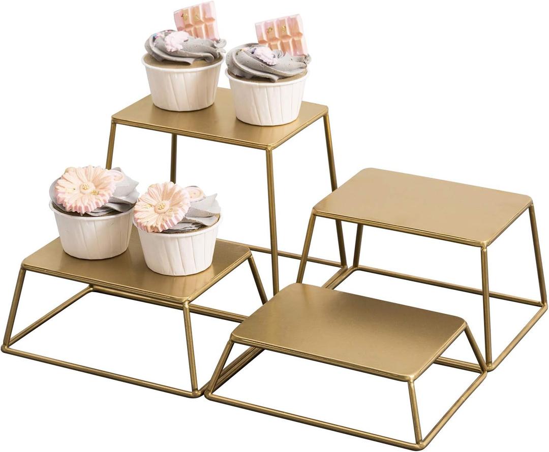 MyGift 4 Piece Set Modern Brass Tone Metal Nesting Tabletop Cupcake Display Risers, Food Appetizer Dessert Buffet Table Serving Stands for Home Party Event Retail (Brass)