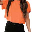 Tankaneo Women Short Sleeve Cropped T-Shirts Crew Neck Loose Crop Tops Summer Casual Drop Shoulder Basic Tees Orange (S)