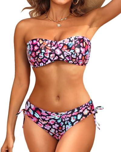 Women's Strapless Bandeau Bikini Set - Twist Front Two Piece Swimsuit Top with Side Tie Bathing Suit Bottom, Large