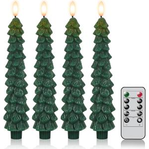 DRomance Christmas Tree Flameless Taper Candles Battery Operated with 10-Key Remote and Timer Real Wax LED Taper Candles 3D Wick Flickering Lifelike Leaves Dinner Xmas Holiday Decoration Set of 4