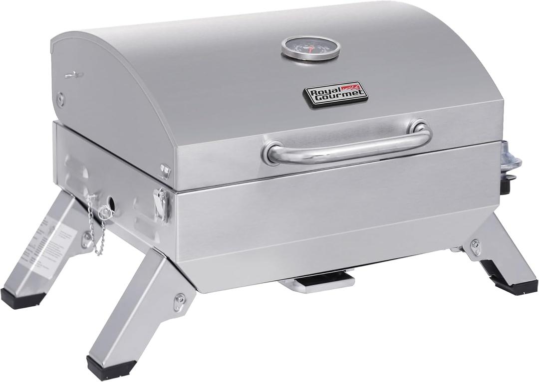 Royal Gourmet GT1001 Stainless Steel Portable Grill, 10000 BTU BBQ Tabletop Gas Grill with Folding Legs and Lockable Lid, Outdoor Camping, Deck and Tailgating, Silver