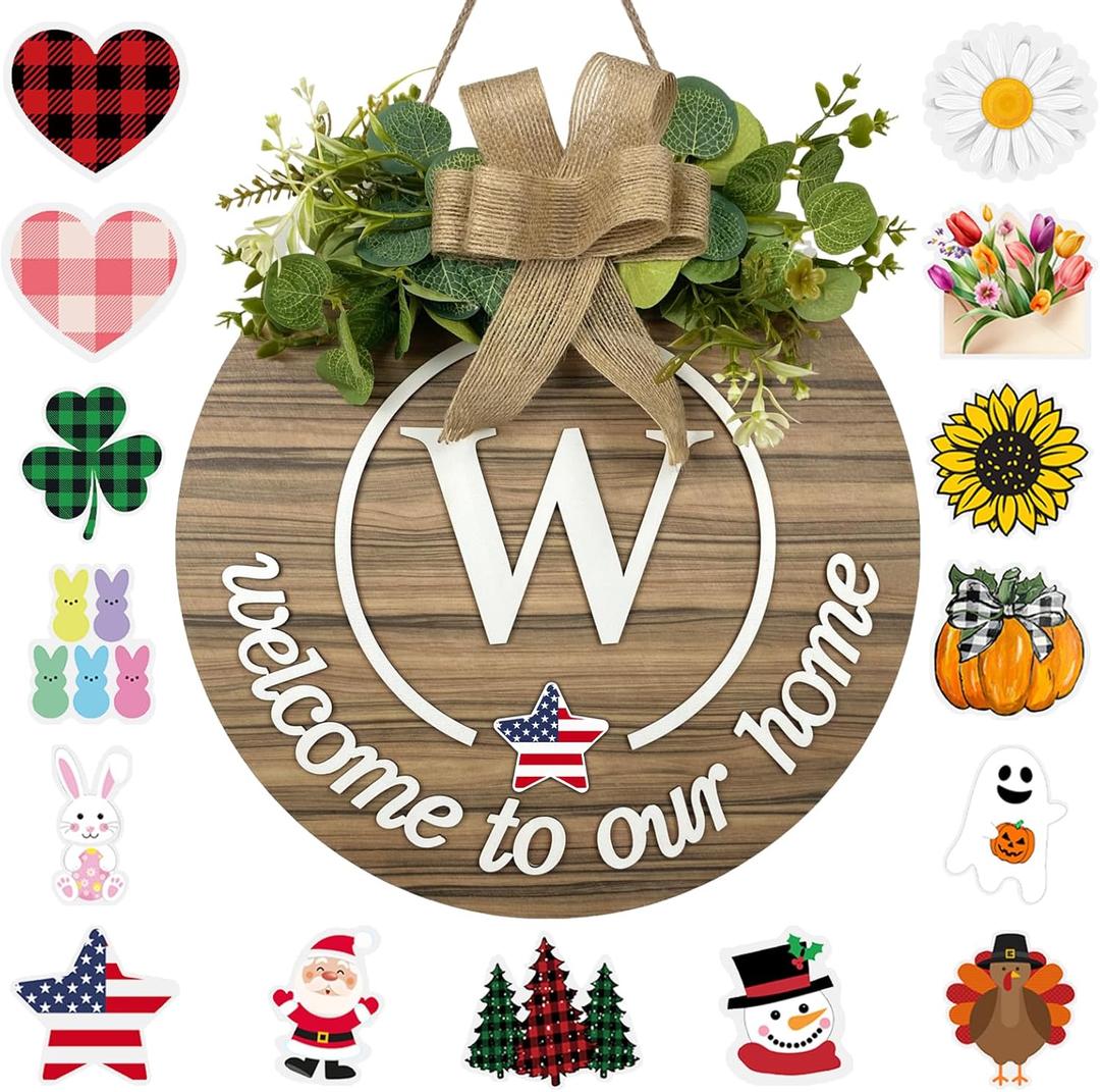 Interchangeable Seasonal Monogram Letter W Welcome Sign Front Door Decor Wooden Wreaths for Front Door Wreath Rustic Initial House Warming Porch Wall Home Decorations for All Seasons