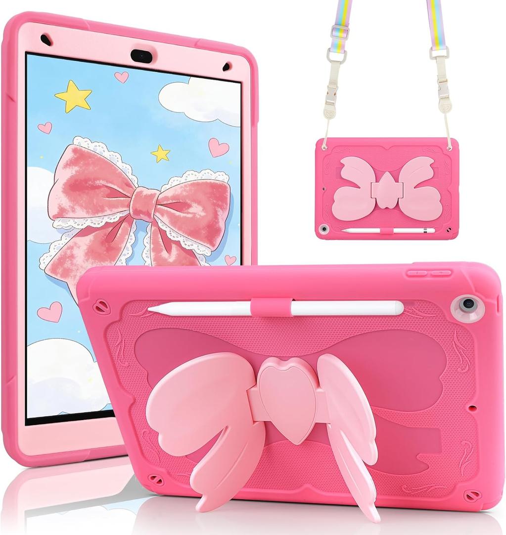 WESADN for iPad 9th Generation Case 8th 7th Gen 10.2 inch Case 2021 Girls Kids with Cute Bow Butterfly Wings Kickstand Shoulder Strap Pencil Holder Rugged Cases Cover for iPad 10.2 Cases, Rose Pink