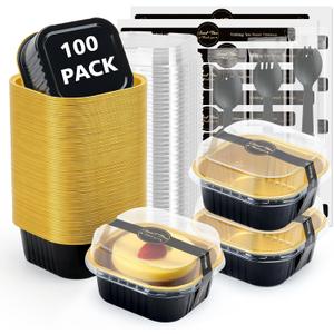 Ruckae 5oz 100 Pcs Square Mini Loaf Pans with Lids-Disposable Foil Dessert Containers,Mini Cake Pans with Lids,Aluminum Dessert Cups for Parties and Weddings (Black Gold, 5oz)