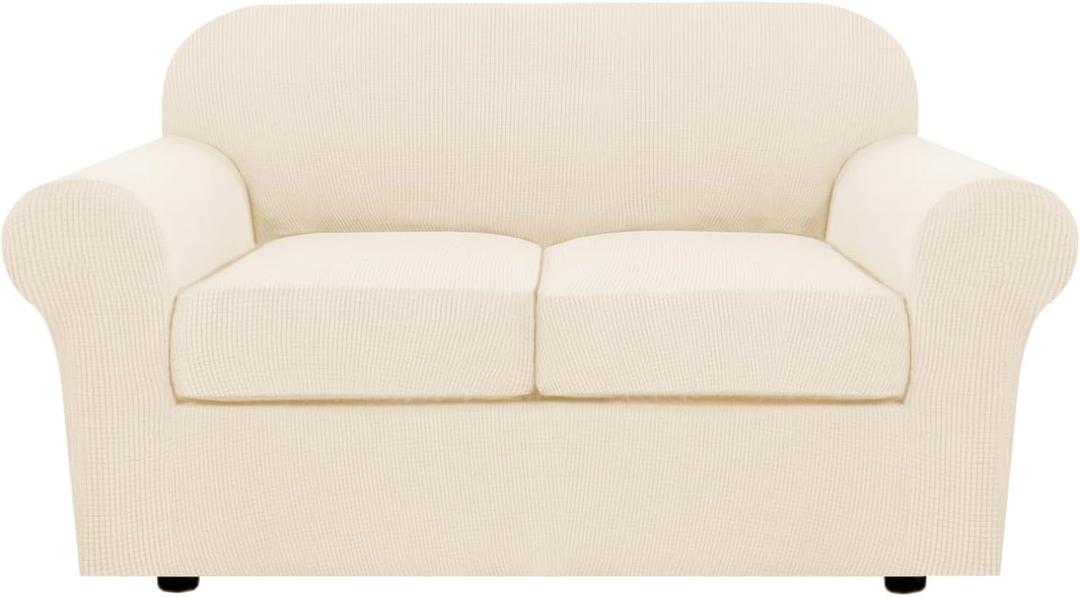 H.VERSAILTEX 3 Piece Stretch Sofa Covers for 2 Cushion Loveseat Couch Covers for Living Room (Base Cover Plus 2 Seat Cushion Covers) Thicker Jacquard Fabric (Medium Sofa, Cream)