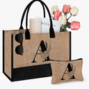 AYGE Personalized Initial Jute Tote Bag & Makeup Bag, Beach Bag, Monogrammed Birthday Gifts for Women Sister Mom Bridesmaid