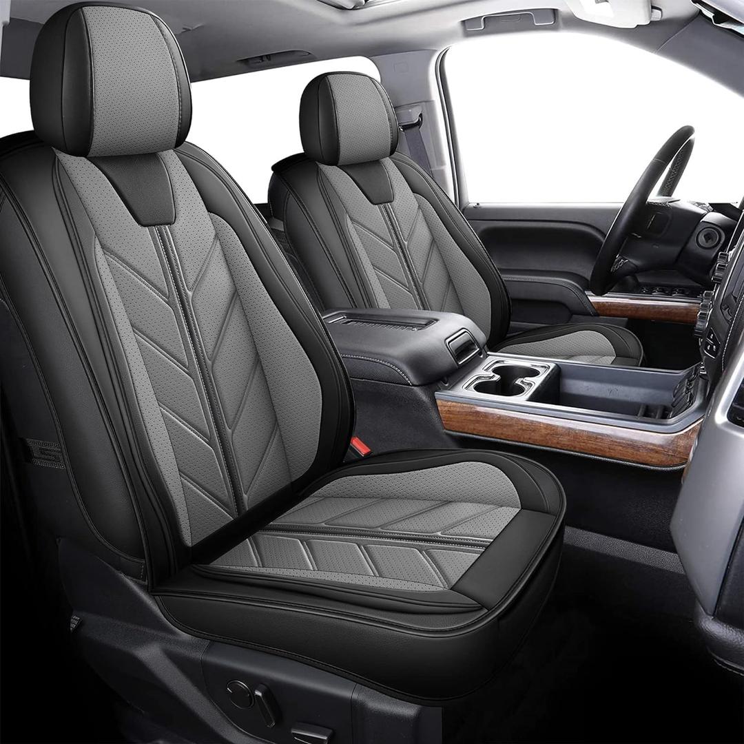 Pickup Seats Covers Compatible with Chevy Silverado 1500 GMC Sierra 2014-2018 Custom Trail Boss High Country LT LTZ Waterproof Faux Leather Seat Covers (Gray)