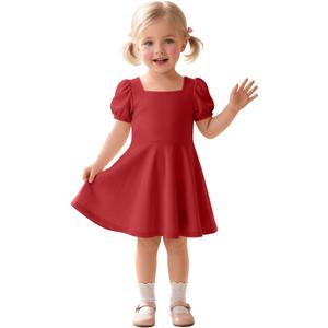 Toddler Girl's Summer Dress Baby Puff Sleeves Square Neck Knit Sundress A-Line Flowy Twirly Casual Midi Dress