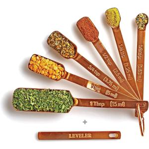2lbDepot Copper Measuring Spoons for Baking/Cooking, Set of 7 Includes Bonus Leveler, Premium Kitchen use Stainless Steel, Metal, Rust Proof, Narrow Design fits into Spice Jars