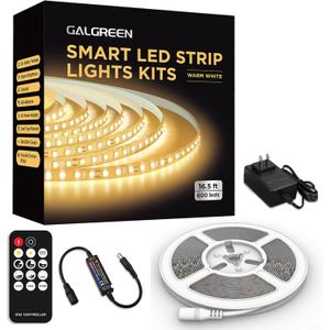 Warm White LED Strip Lights, 16.4ft Smart LED Light Strip 3500K with Dimmable Remote & Adapter, Strong Adhesive, 600 LEDs Flexible Tape Lights for Vantiy Mirror, Kitchen Cabinet, Bedroom
