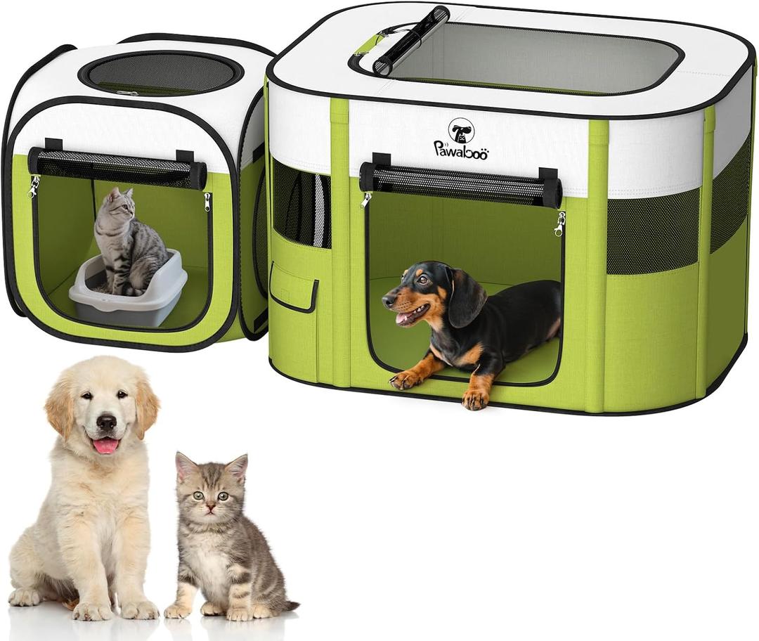 Pawaboo 2-in-1 Pet Playpen for Dog Cat, Portable Puppy Playpen with 600D Oxford, Divisible Pet Tent for Indoor and Outdoor Travel Use of Kitten and Puppy, Foldable Dog Enclosure (Avocado Green + White)