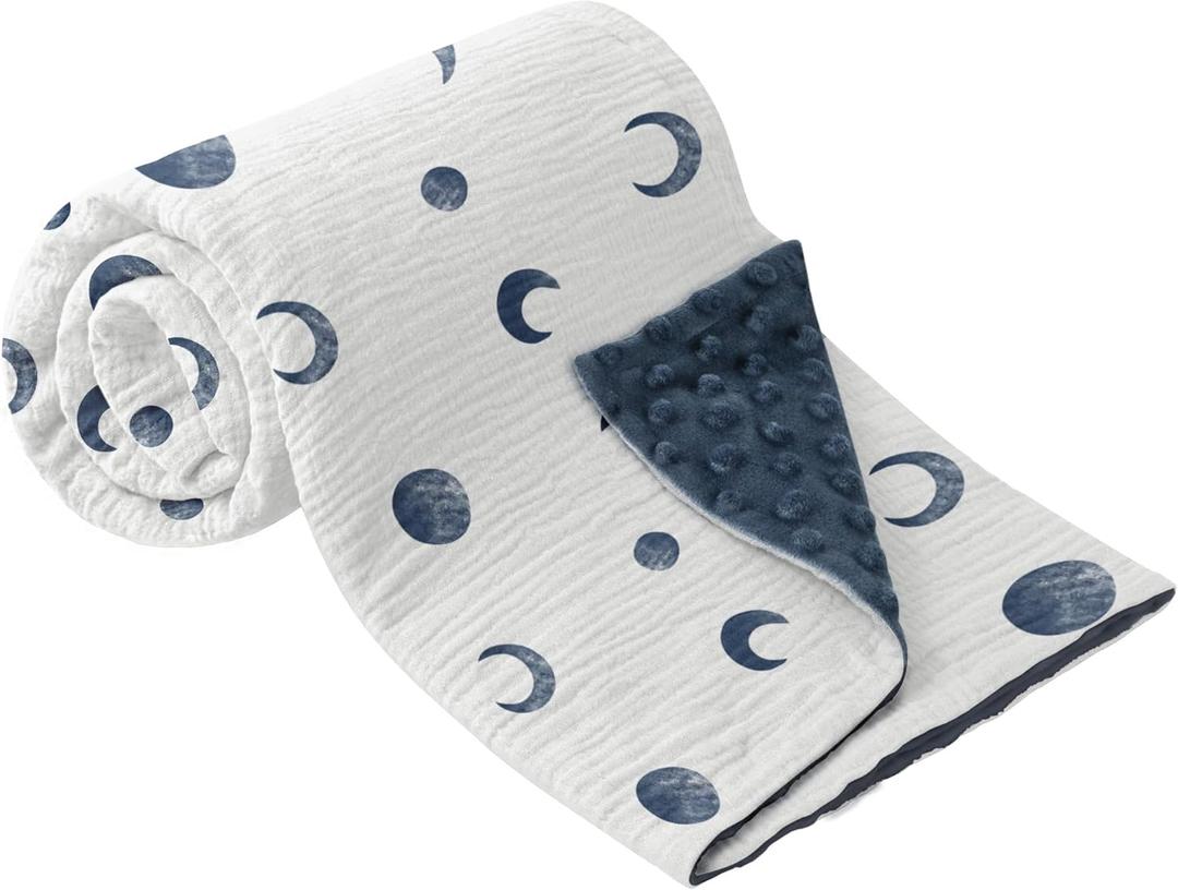 Bearmoss Baby Blankets for Unisex Boys Girls, Soft Nursery Crib Blankets with Muslin Cotton Front and Dotted Fleece Back for Newborns Toddlers 30x40inch, Blue Moon
