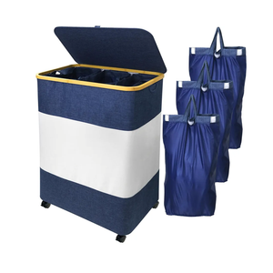 150L Laundry Hamper 3 Section, Large Divided Laundry Basket with Wheels and Lid, Tall Dirty Clothes Hamper with Bamboo Handles and 3 Removable Bag for Bedroom, College Dorm, Bathroom, Blue