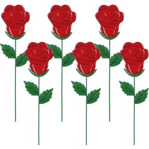YEAHOME Valentines Day Decorations Outdoor, Set of 6 Rose Metal Flowers Decorative Garden Stakes for Valentines Day Decor, Lovely Yard Stakes for Home Lawn Pot Flowerbed Wedding Anniversary (Red)