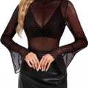 BBX Lephsnt Women Mesh Tops Rhinestone Tops Long Sleeve Sheer Blouse See Through Shirt Sparkle Glitter Shirts Lace Tops (Black, L)