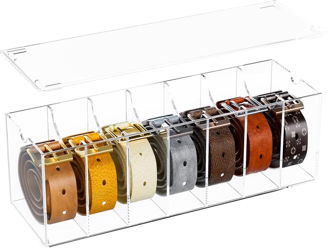Acrylic Belt Organizer, Clear 7 Compartments with Dust Cover, Belt Storage Holder for Closet, Tie & Bow Tie Display