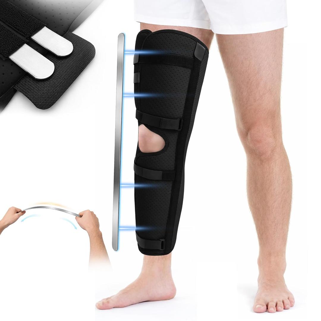 Full Leg Brace with 6 Hook-and-Loop Support Straps, 23" Knee Immobilizer with 4 Removable Bendable Aluminum Stays, Breathable & Soft for Post-Surgery Recovery, Knee Fractures, Men & Women (Black)