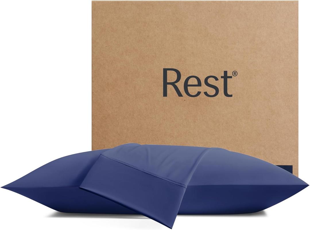 REST Evercool+ Cooling Pillow Cases Standard - 2 Pillowcase for Sensitive Skin, Silver Infused Fabric for Hygienic Sleep, Silky Smooth for Curly Hair, High Elastic for Snug Fit (19x29 inches) (Midnight Blue)