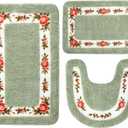 Drydiet 3 Pcs Rose Flowers Bathroom Rugs Set Coquette Room Decor Floral Carpet for Bathroom Bedroom Living Room, Floral Bath Mat Non Skid Romantic Rose Flower Area Rugs 3 Shapes(Green,Small)
