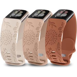 Minyee 3 Packs Floral Engraved Band Compatible with Fitbit Charge 6 Bands/Fitbit Charge 5 Bands Women, Cute Soft Silicone Dandelion Flower Pattern Sport Designer Fancy Summer Strap for Charge 6/5 (Starlight/ Nude/ Brown)