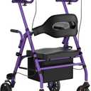 Upright Rollator Walker, Heavy Duty Stand Up Walkers for Seniors with Seat and Reversible Backrest, Foldable Standing Rollator with 8" Anti-Slip PU Wheels, Purple