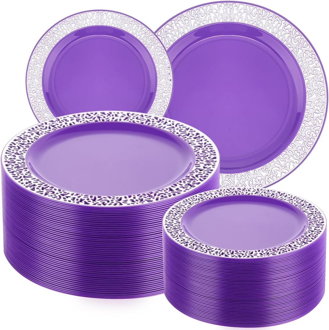 Maxcheck 100 Pack Purple Silver Plastic Plates Disposable Plates with Silver Rim Plastic Dinnerware Set Dessert Salad Reusable Party Dinner for Wedding Birthday Valentine