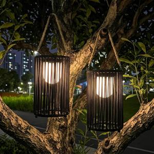 TRIROCKS 2 Set of 10.5'' High Solar Lantern Outdoor Table Lamp Outside Hanging Solar Lights with Olifen Rope Waterproof Rattan Outside Deck Light for Patio Garden Lawn Yard (Black)