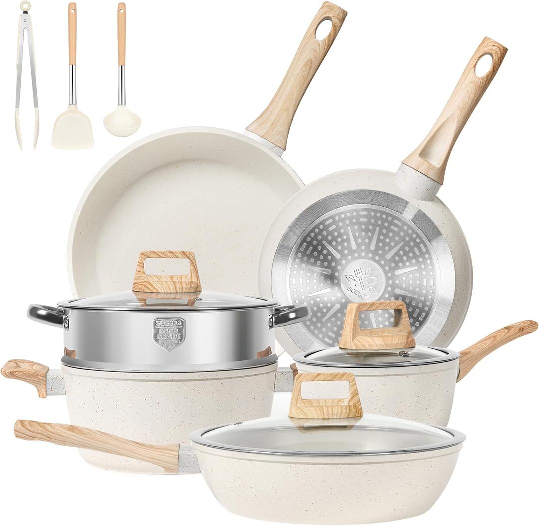 12 Pcs Pots and Pans Set, Nonstick Cookware Sets White Granite Induction Cookware, Non-toxic Healthy Non Stick Kitchen Cooking Set with Frying Pans Set, Saucepans,Steamer (PFAS, PFOA, PFOS Free) (12 Pieces)