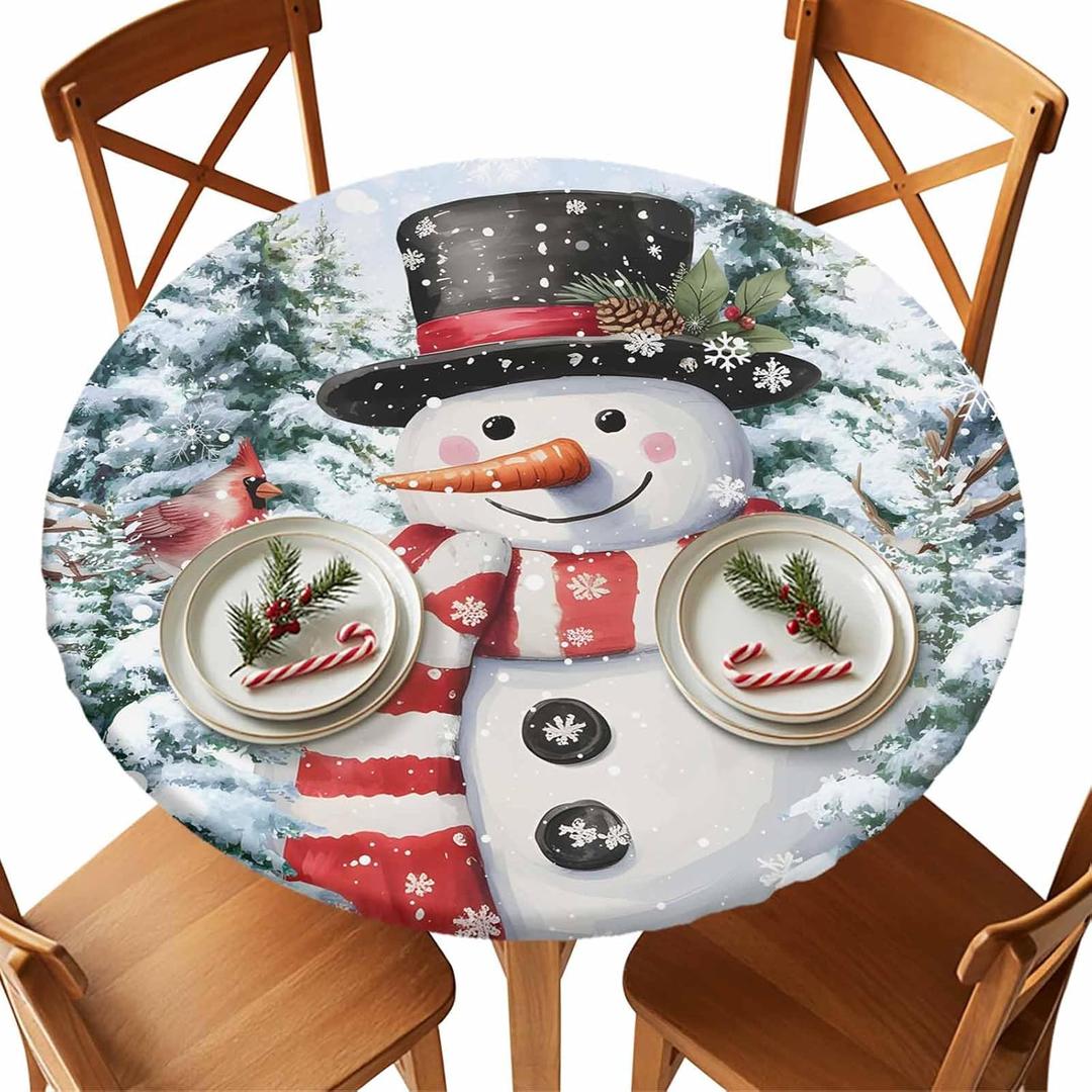 Christmas Elastic Round Tablecloth, Snowman Snowflake Forest Winter Xmas Fitted Tablecloths for Round Table Oil-Proof Waterproof Table Cloth (Fit for 36" - 44" Round Tables)