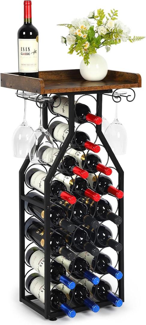 Wine Rack Floating Shelvesr Versatile Liquor Stand for Home Bar Mini Bar Table Wine Holder Stand Liquor Cabinet with Glass Holder Wood Tabletop 19 Bottles Floor Dining Room, Living Room, Medium