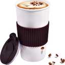 Ceramic Travel Mug, Double Wall Insulated Takeaway 12 oz Coffee Cup for Hot & Cold Beverages, Reusable White Coffee Mug, Splash Resistant Lid & Protective Silicone Sleeve, for Car Cup-Holder, Brown