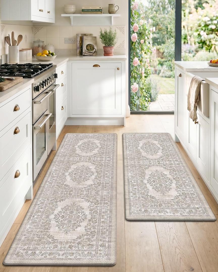 Color&Geometry Kitchen Mat 2PCs-24x59+24x87 Vintage Anti Fatigue, Khaki