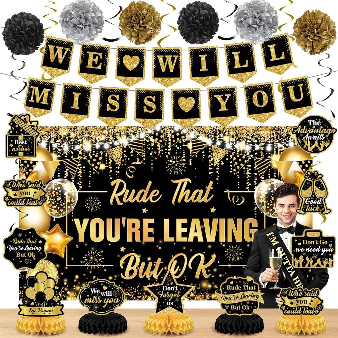 Black Gold Farewell Party Decorations We Will Miss You Banner Honeycomb Centerpiece Rude That You're Leaving But Ok Backdrop Hanging Swirls for Teacher Coworker Retirement Pastor Day Party Supplies