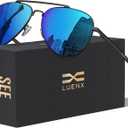 LUENX Aviator Sunglasses for Men Women Polarized Driving Classic Shades - UV 400 Protection with Accessories 60MM (5-mirrored Blue Lens/Black Frame)