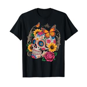 Sugar Skull Butterfly Day of Dead Halloween Dia De Muertos T-Shirt XL Women's