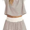 MISSACTIVER 2 Piece Lounge Set Women Stripe Knit Short Sleeve Tee Shirts Shorts Casual Summer Loungewear Shorts Sets (Medium, Brown)