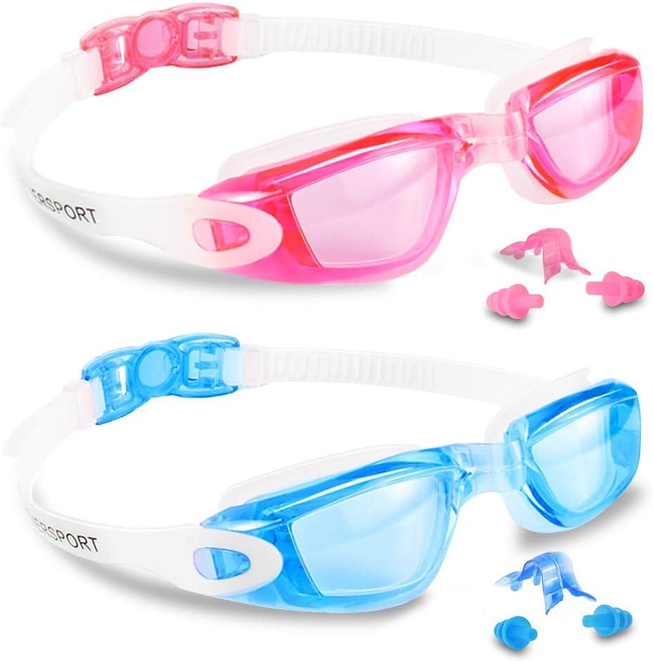 EverSport Kids Swim Goggles, Pack of 2 Swimming Goggles for Children Teens, Anti-Fog Anti-UV Youth Swim Glasses for Age4-16 (Lightblue & Pink)
