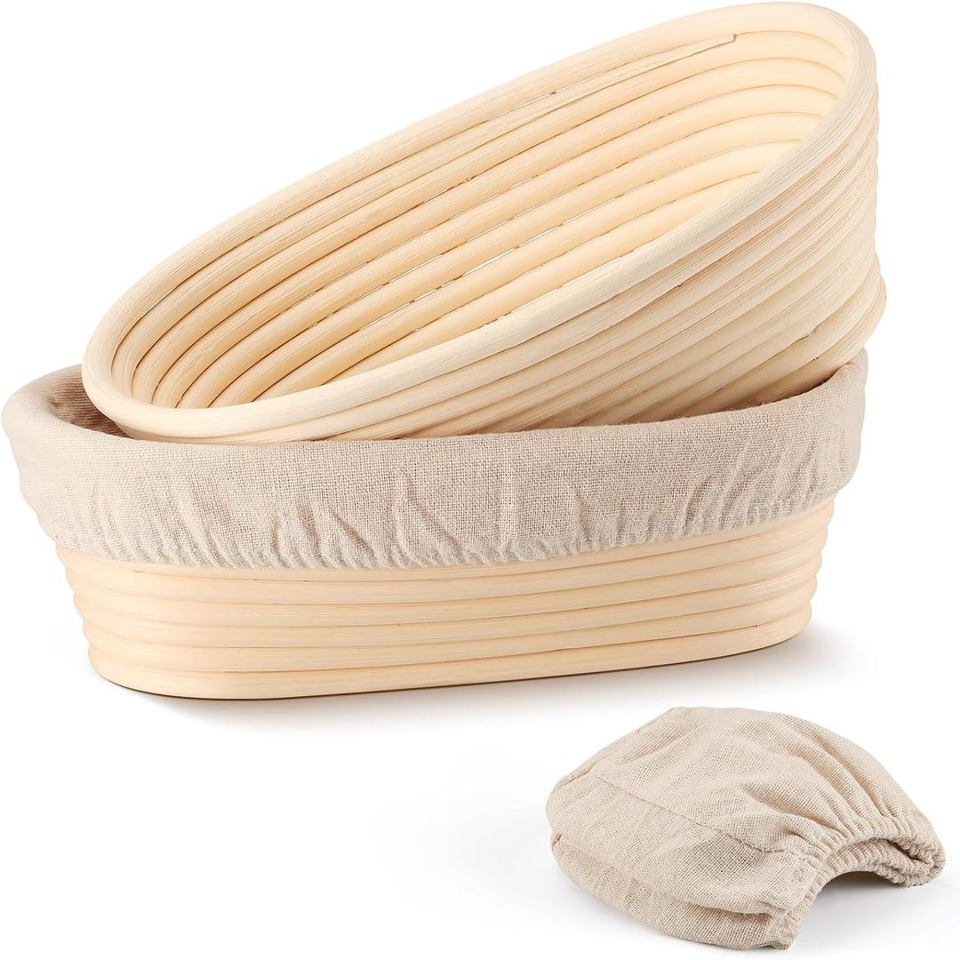 TeamFar Bread Proofing Basket Set of 2, Sourdough Bread Baking Supplies, 10 Inch Oval Proofing Baskets for Sourdough Bread Baking, Proofing Bowls with Liner for Dough Fermentation