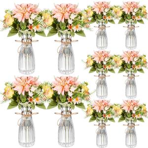 Reallnaive 30 Pack Artificial Flowers Table Centerpieces Decorations with Vase Wedding Mason Jar 20 Bundles Silk Floral Bouquet 10 Clear Vase with 1 Pcs Rope for Party Decor(Dahlia,Champagne)