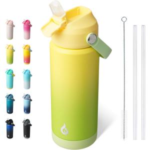 BJPKPK Insulated Water Bottle with Straw Lid, 18oz Thermos Water Bottles, Flex Handle & Non-slip Boot, BPA Free Leak Proof Stainless Steel Metal Thermos, Tumblers, Cups,Fresh Green