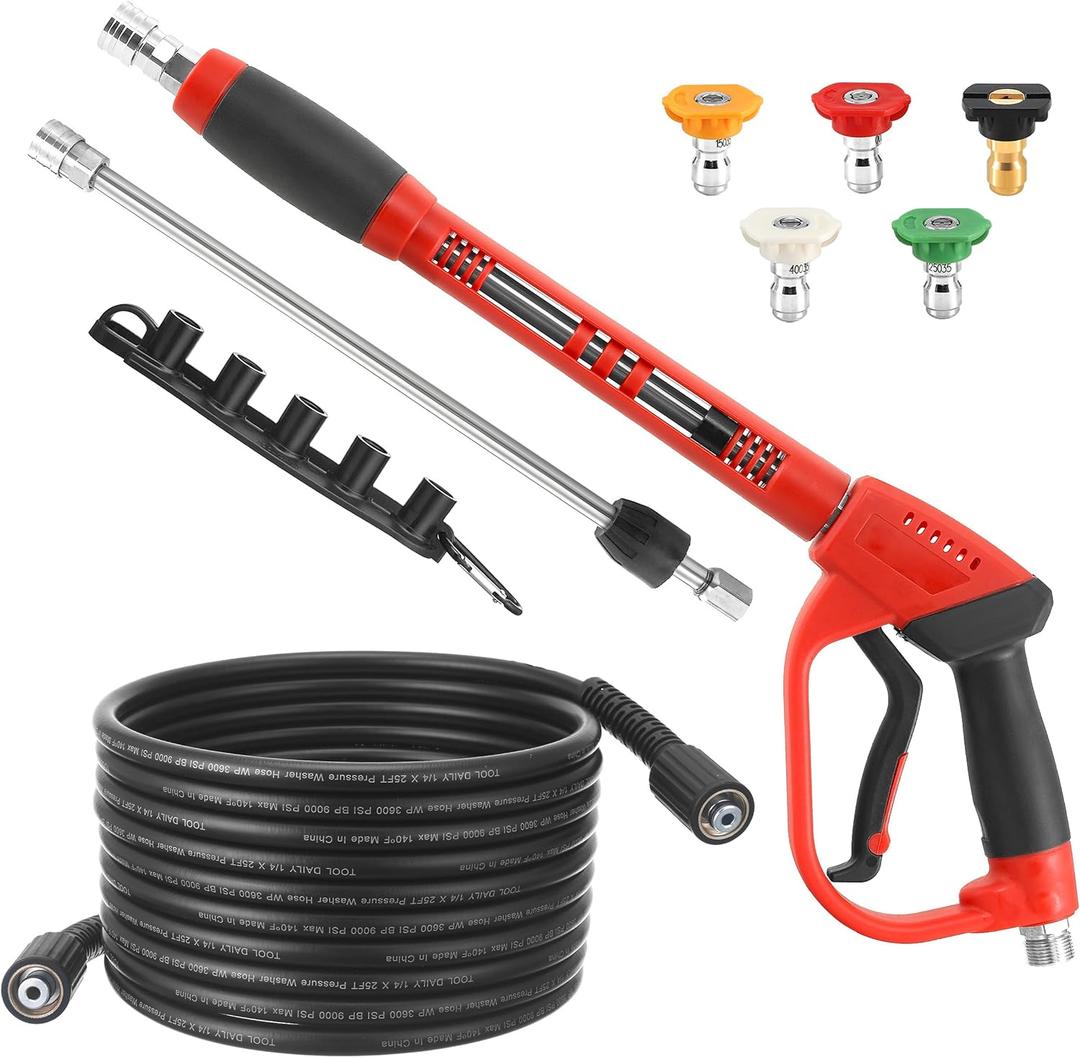 Tool Daily Pressure Washer Gun and Hose Kit, 25 FT Power Washer Hose and Replacement Wand Extension, 5 Nozzle Tips, M22-14 Fitting, 3600 PSI