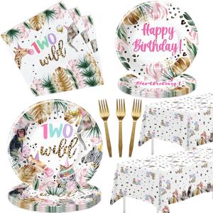 APOWBLS Two Wild Birthday Decorations Girl Tableware - Safari Jungle Animal 2nd Birthday Plates Napkins Party Supplies, Paper Plates, Napkins, Tablecloth, Disposable Forks | Serves 24