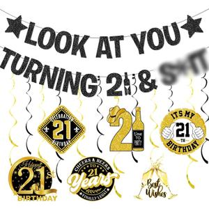 21st Birthday Decorations for Him Glitter Black Happy 21st Birthday Decorations with Funny Look At You Turning 21 Banner Hanging Swirls for 21 Year Old Birth Party
