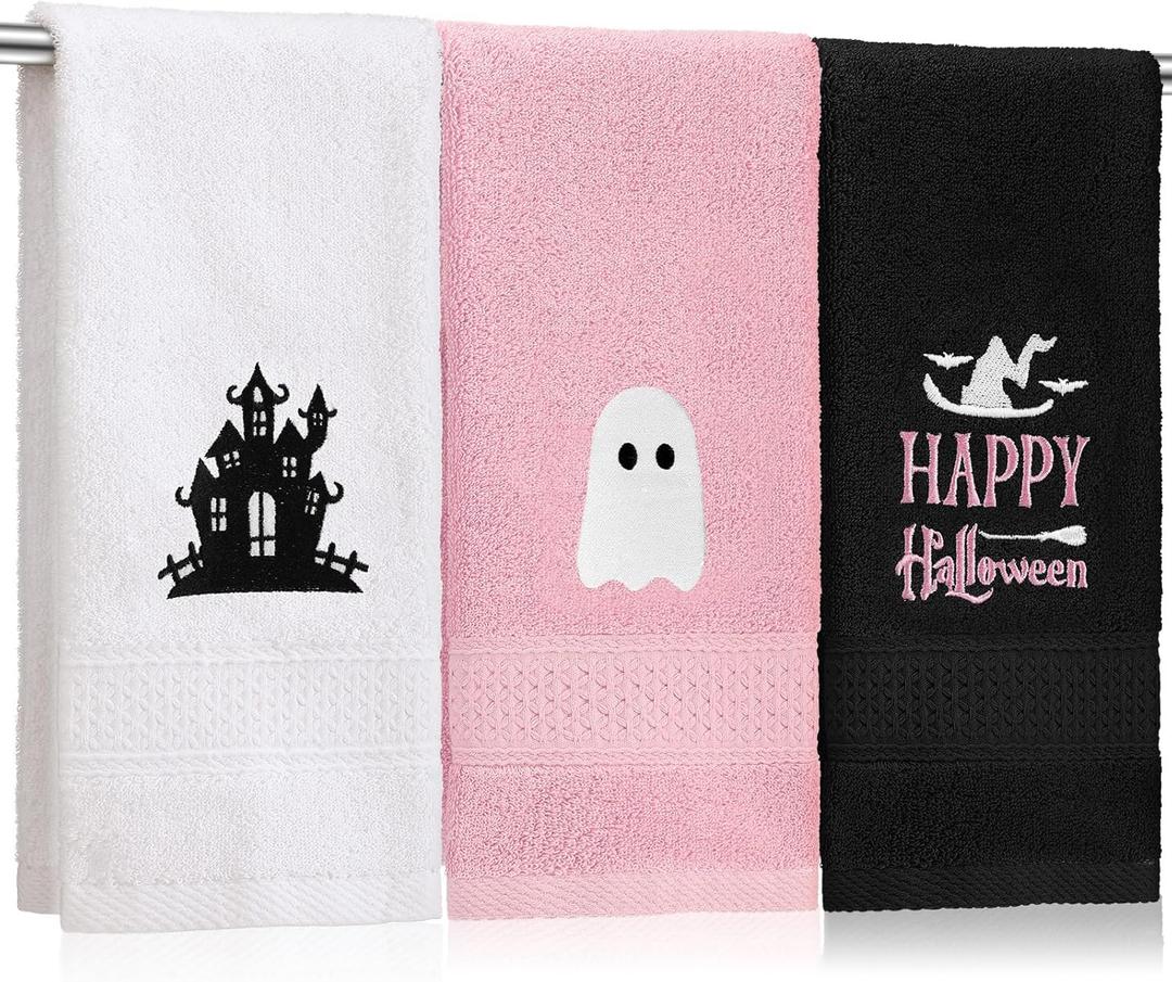 3 Pcs Pink Halloween Hand Towels for Bathroom, Happy Halloween Embroidered Towels Farmhouse Decorative 13.78 x 29.53 Inch Absorbent Soft Cotton for Kitchen Dish Fast Drying Gift