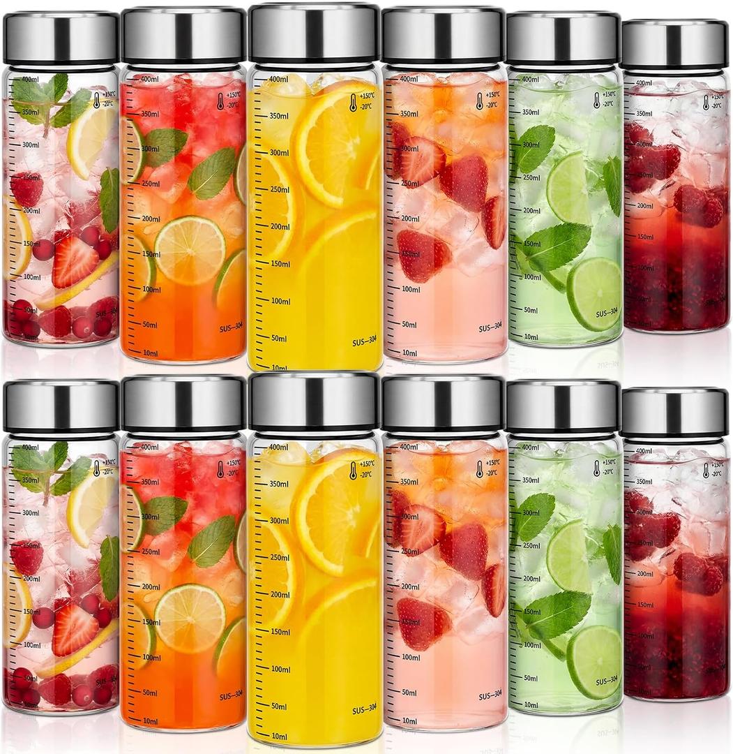 LemonRoad 12 Pack 13.5 oz Glass Juice Bottles Bulk Scale Wide Mouth Glass Water Bottle with Leakproof Stainless Steel Lids, Borosilicate Reusable Container for Juicing Smoothies Infused Water