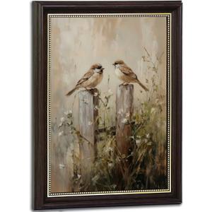 Vintage Farmhouse Bird Wall Art Framed Sparrow Wall Decor Rustic Kingfisher oli Posters Prints Farmhouse Cottagecore Painting Pictures for Home Living Room Decor 16x24 Inch