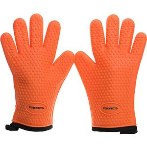 KITCHEN PERFECTION Silicone Smoker Oven Gloves -Extreme Heat Resistant BBQ Gloves -Handle Hot Food Right on Your Smoker Grill Fryer & Pit | Waterproof Oven Mitts |Superior Value Set+3 Bonuses (One Size Fits Most, Orange)